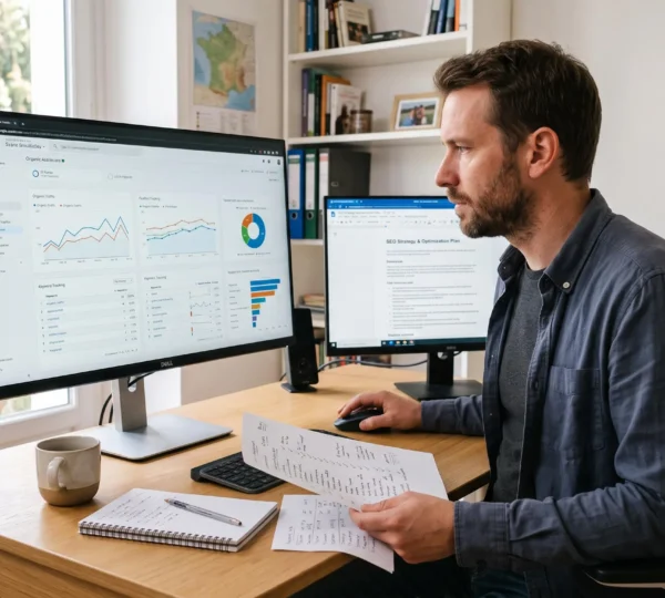 Un consultant SEO freelance analyse un tableau de bord de trafic web sur un écran d'ordinateur dans un bureau lumineux.